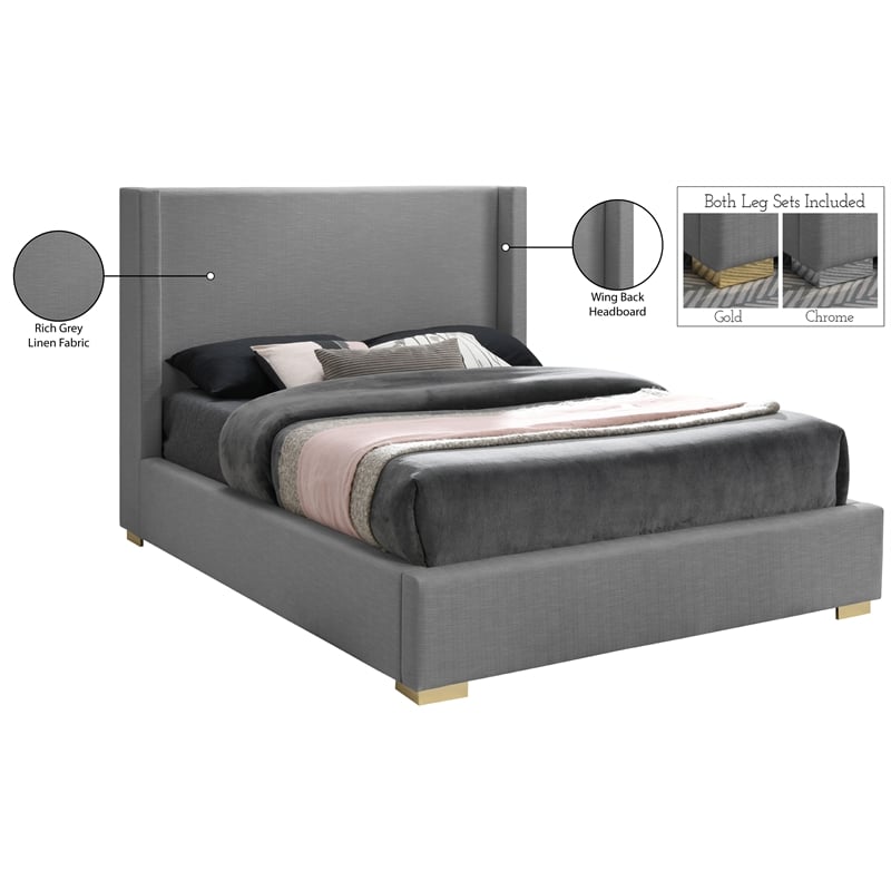 Meridian Furniture Royce Grey Linen Textured Fabric Full Bed