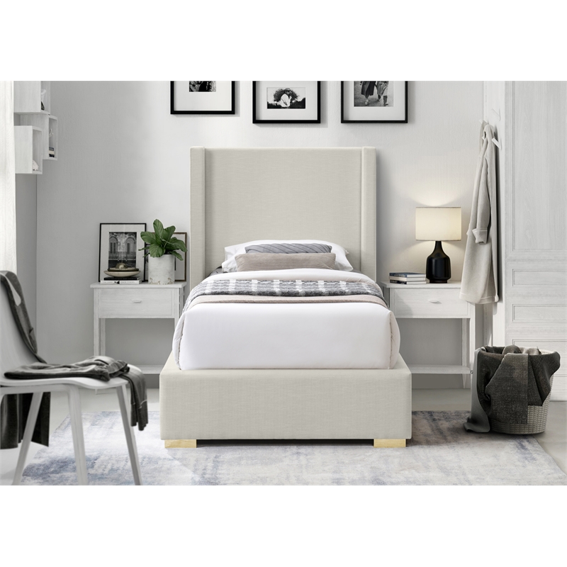 Meridian Furniture Royce Beige Linen Textured Fabric Twin Bed