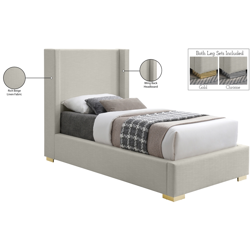 Meridian Furniture Royce Beige Linen Textured Fabric Twin Bed