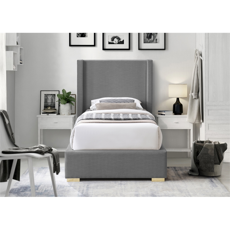 Meridian Furniture Royce Grey Linen Textured Fabric Twin Bed
