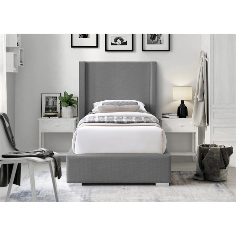 Meridian Furniture Royce Grey Linen Textured Fabric Twin Bed