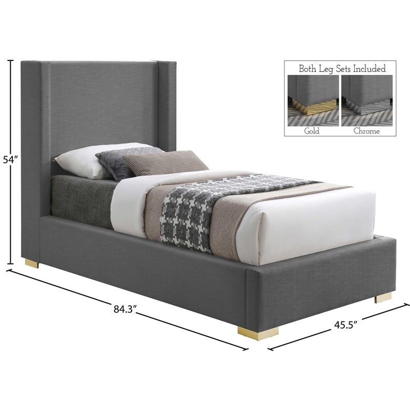 Meridian Furniture Royce Grey Linen Textured Fabric Twin Bed