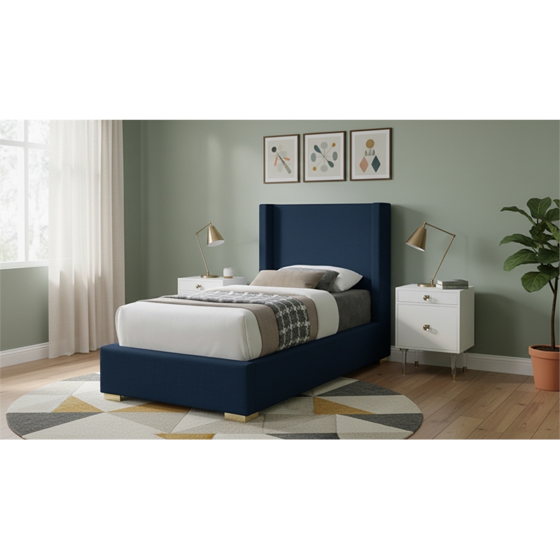 Meridian Furniture Royce Navy Linen Textured Fabric Twin Bed