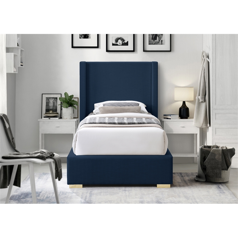 Meridian Furniture Royce Navy Linen Textured Fabric Twin Bed
