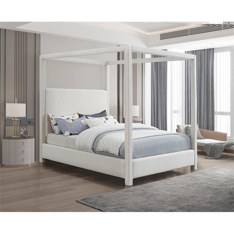 Meridian Furniture Emerson Cream Linen Textured Fabric Queen Bed