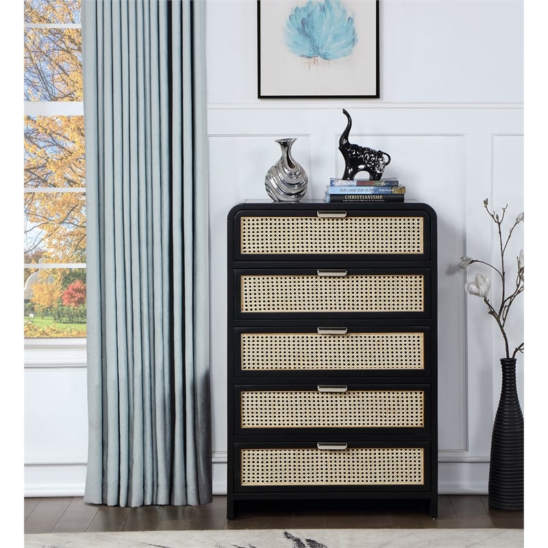 Meridian Furniture Sage Black Chest with Natural Cane Drawer Front