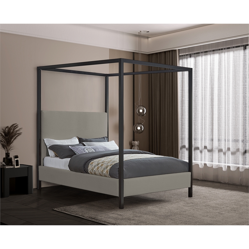 Meridian Furniture James Linen Textured Fabric Upholstered Queen Bed in Gray