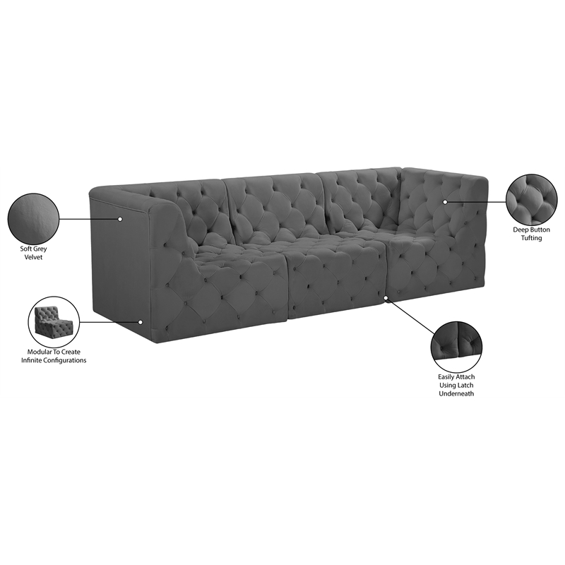 Meridian Furniture Tuft Grey Velvet Modular Sofa
