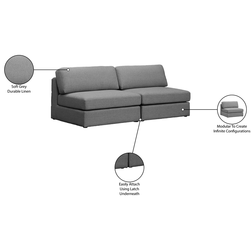 Meridian Furniture Beckham Grey Durable Linen Textured Fabric Modular Sofa