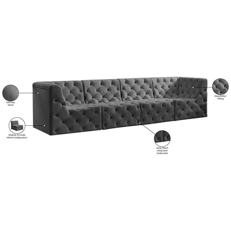 Meridian Furniture Tuft Grey Velvet Modular Sofa