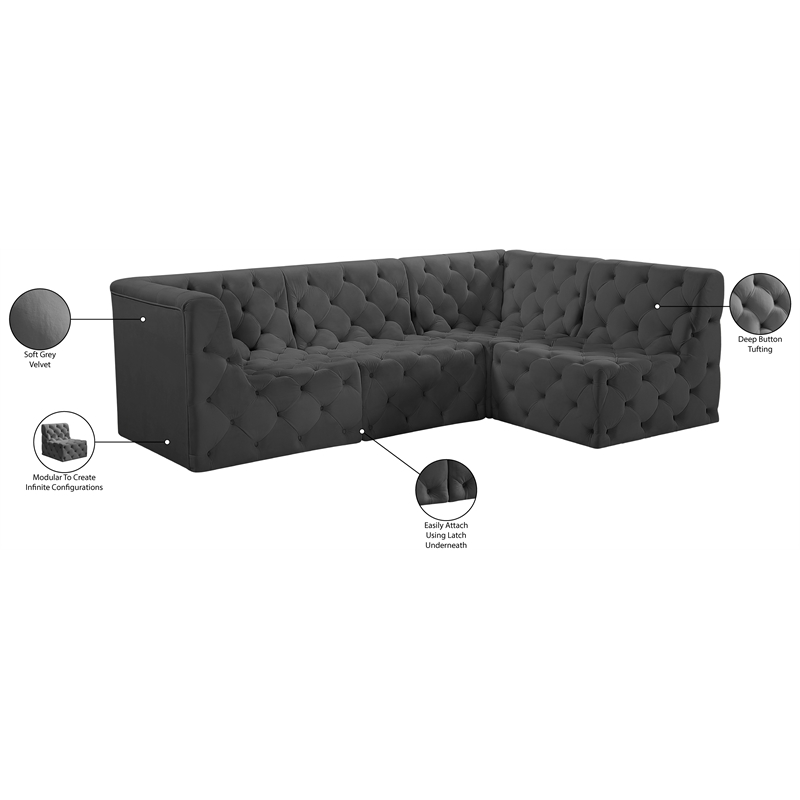 Meridian Furniture Tuft Grey Velvet Modular Sectional