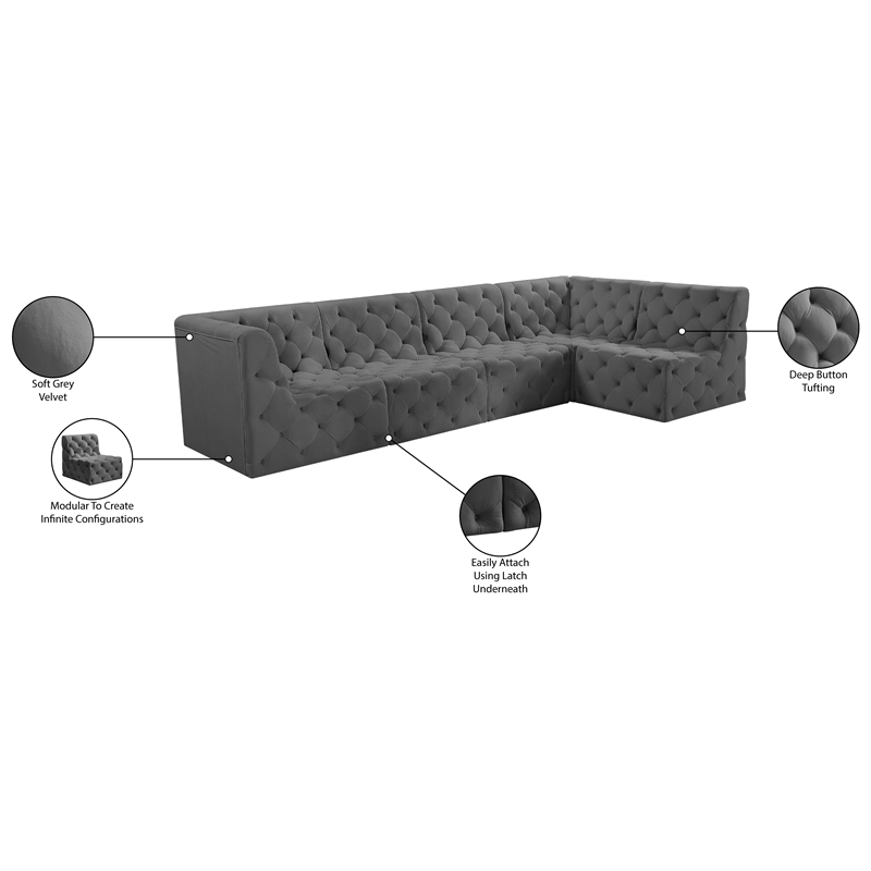 Meridian Furniture Tuft Grey Velvet Modular Sectional