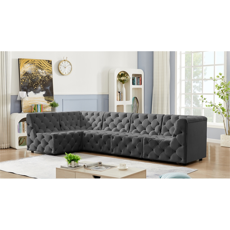 Meridian Furniture Tuft Grey Velvet Modular Sectional
