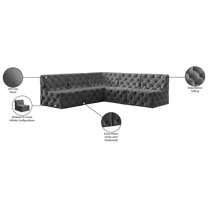 Meridian Furniture Tuft Grey Velvet Modular Sectional