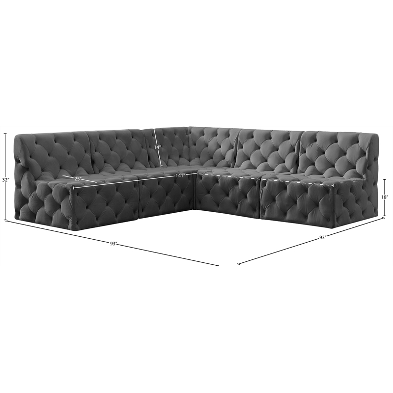 Meridian Furniture Tuft Grey Velvet Modular Sectional