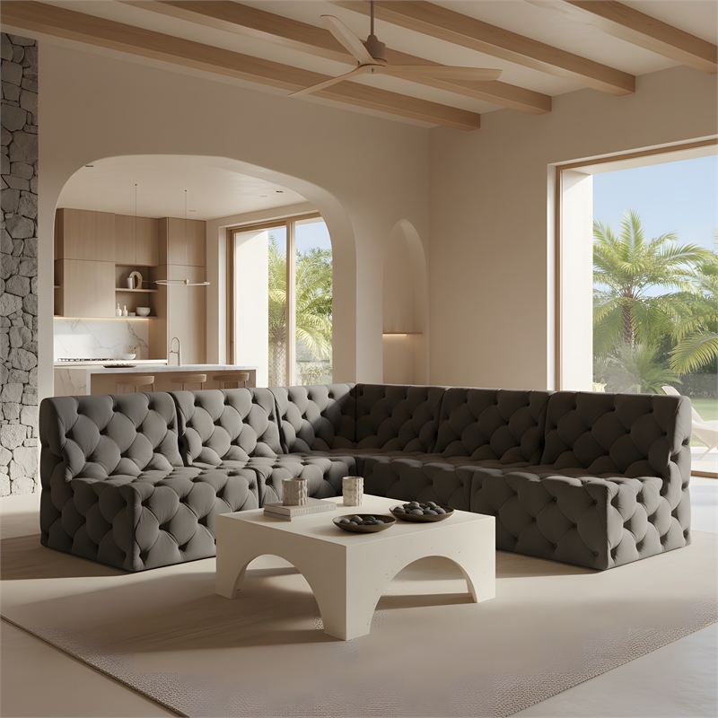Meridian Furniture Tuft Grey Velvet Modular Sectional