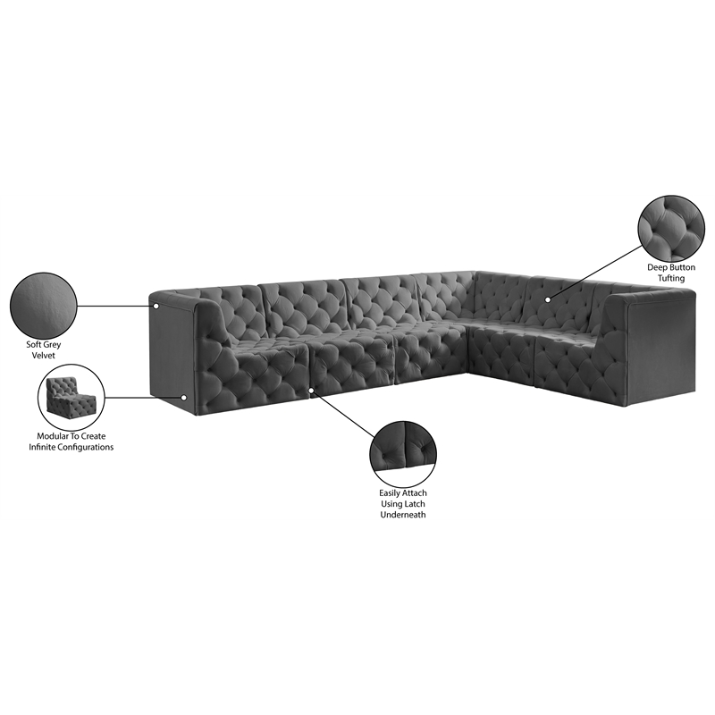Meridian Furniture Tuft Grey Velvet Modular Sectional