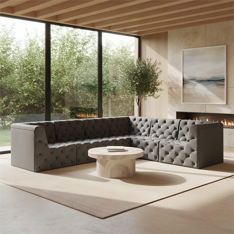 Meridian Furniture Tuft Grey Velvet Modular Sectional