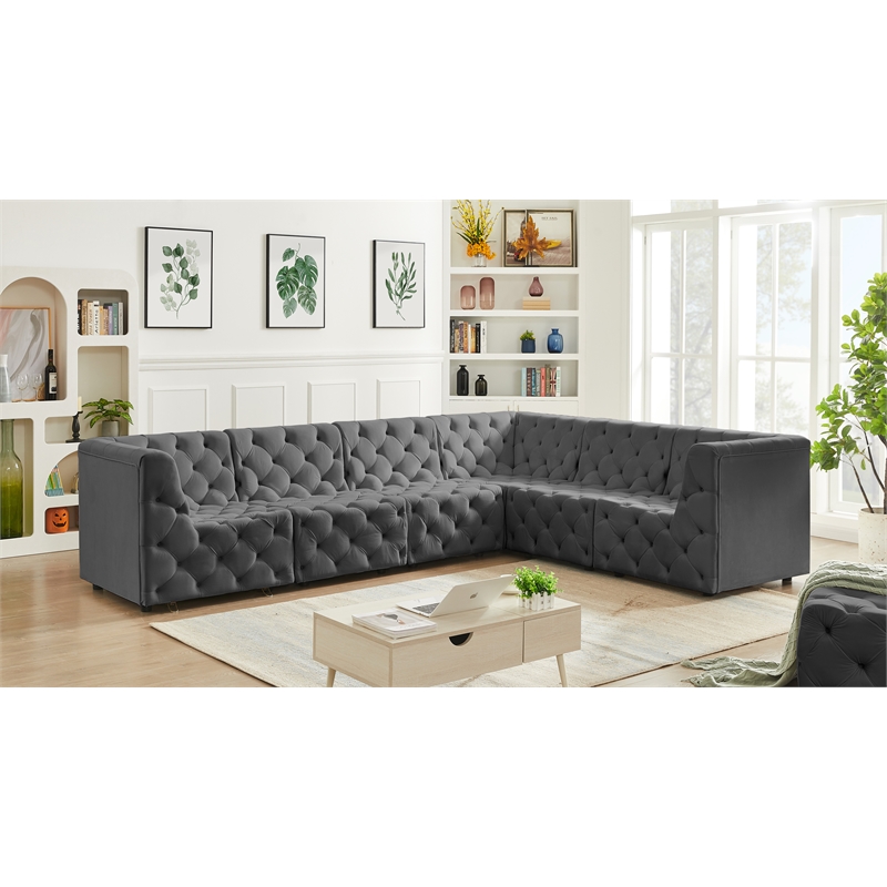 Meridian Furniture Tuft Grey Velvet Modular Sectional