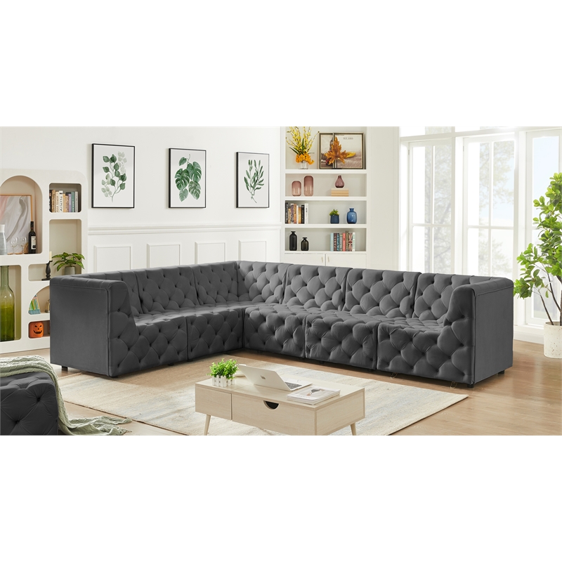 Meridian Furniture Tuft Grey Velvet Modular Sectional