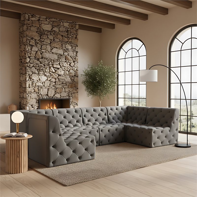 Meridian Furniture Tuft Grey Velvet Modular Sectional