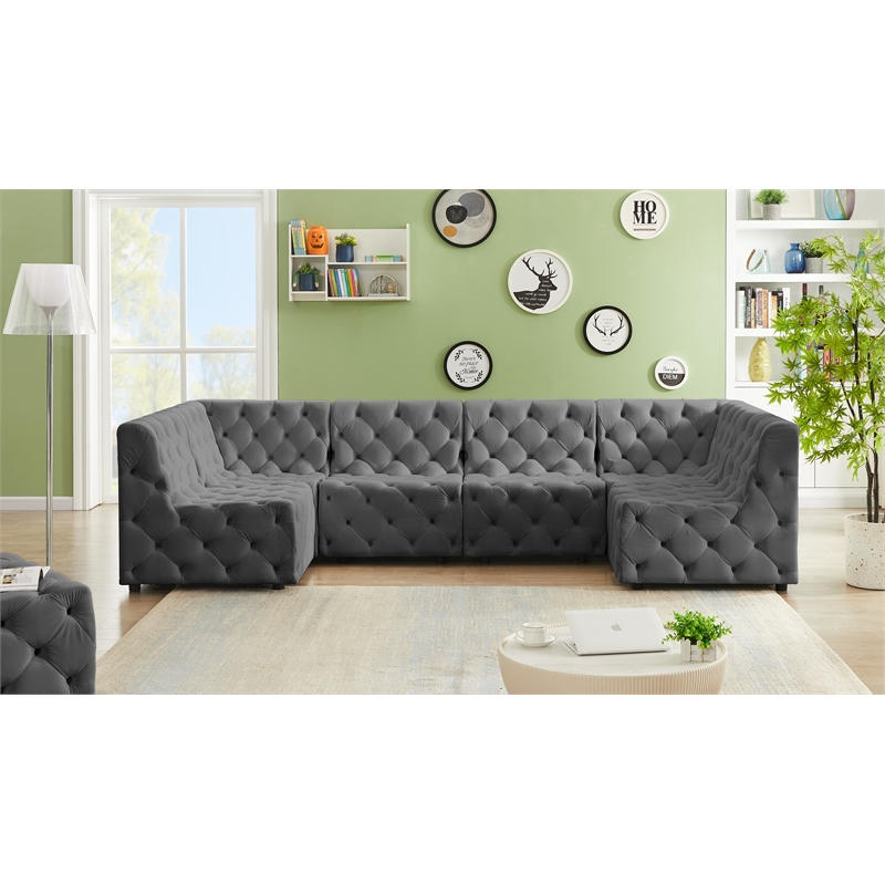 Meridian Furniture Tuft Grey Velvet Modular Sectional