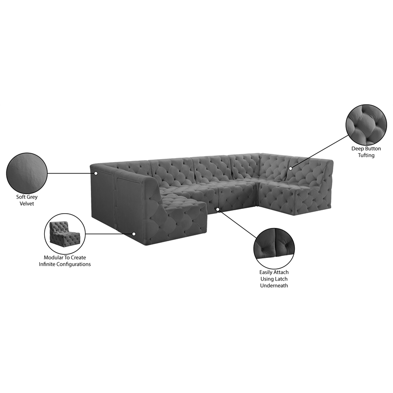 Meridian Furniture Tuft Grey Velvet Modular Sectional