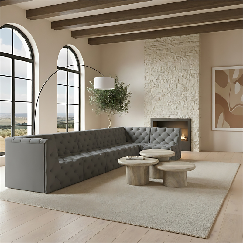 Meridian Furniture Tuft Grey Velvet Modular Sectional