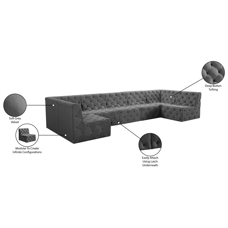 Meridian Furniture Tuft Grey Velvet Modular Sectional