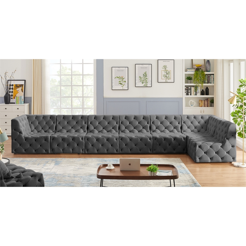 Meridian Furniture Tuft Grey Velvet Modular Sectional