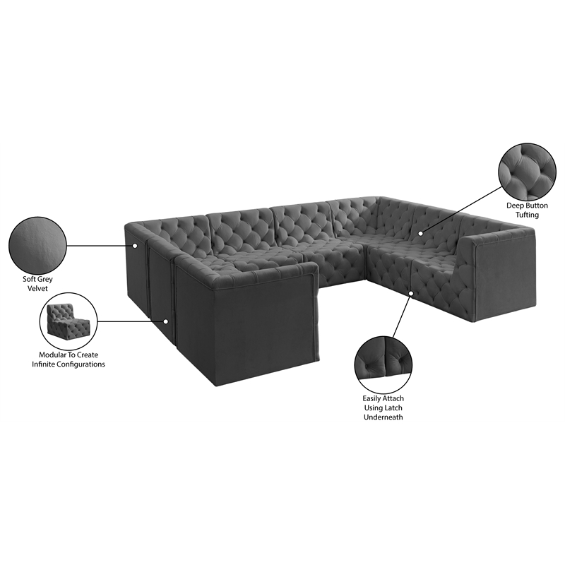 Meridian Furniture Tuft Grey Velvet Modular Sectional