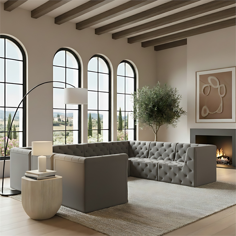 Meridian Furniture Tuft Grey Velvet Modular Sectional