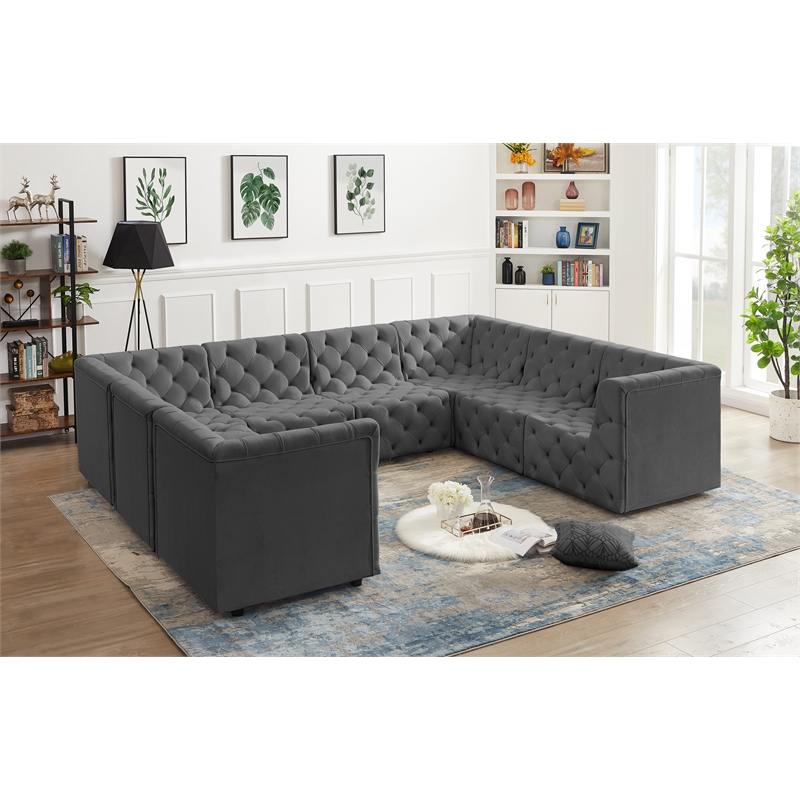Meridian Furniture Tuft Grey Velvet Modular Sectional