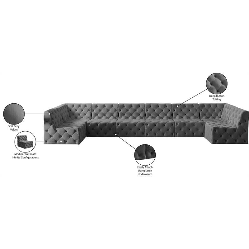 Meridian Furniture Tuft Grey Velvet Modular Sectional