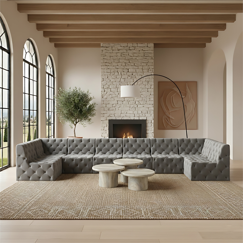 Meridian Furniture Tuft Grey Velvet Modular Sectional