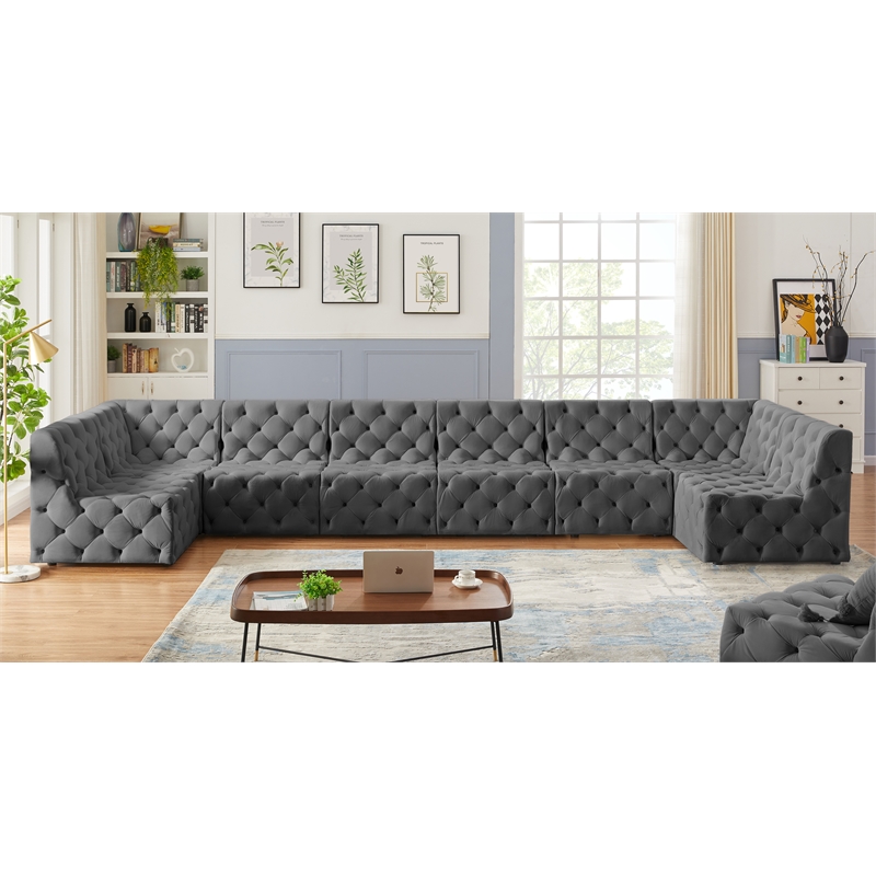 Meridian Furniture Tuft Grey Velvet Modular Sectional
