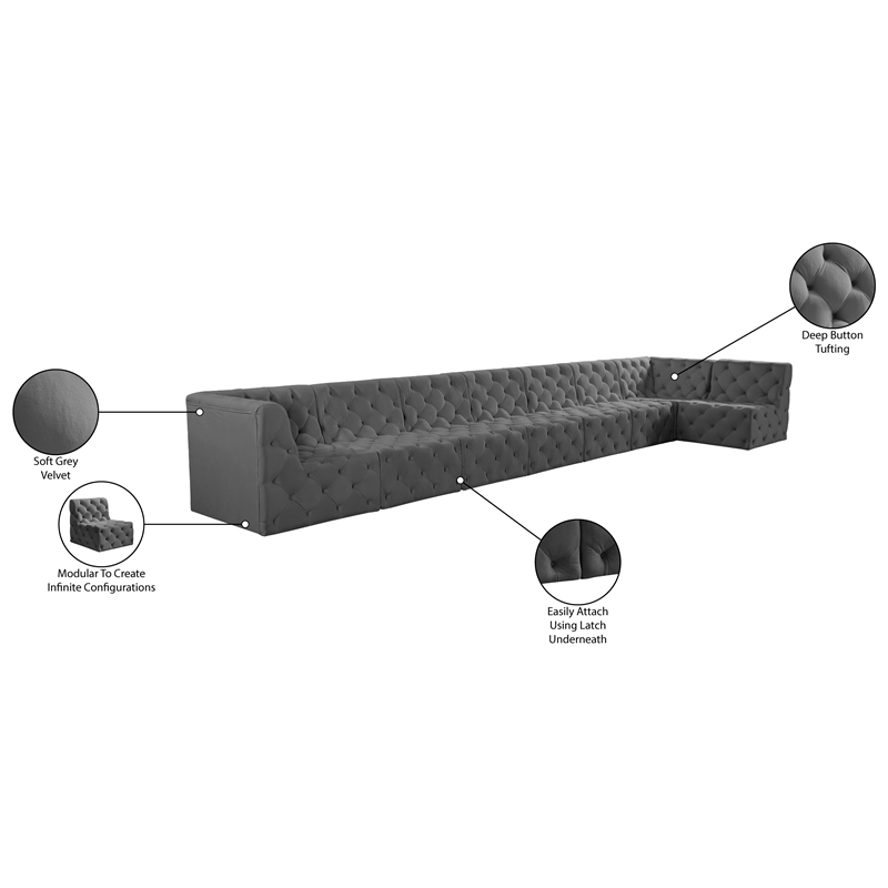 Meridian Furniture Tuft Grey Velvet Modular Sectional