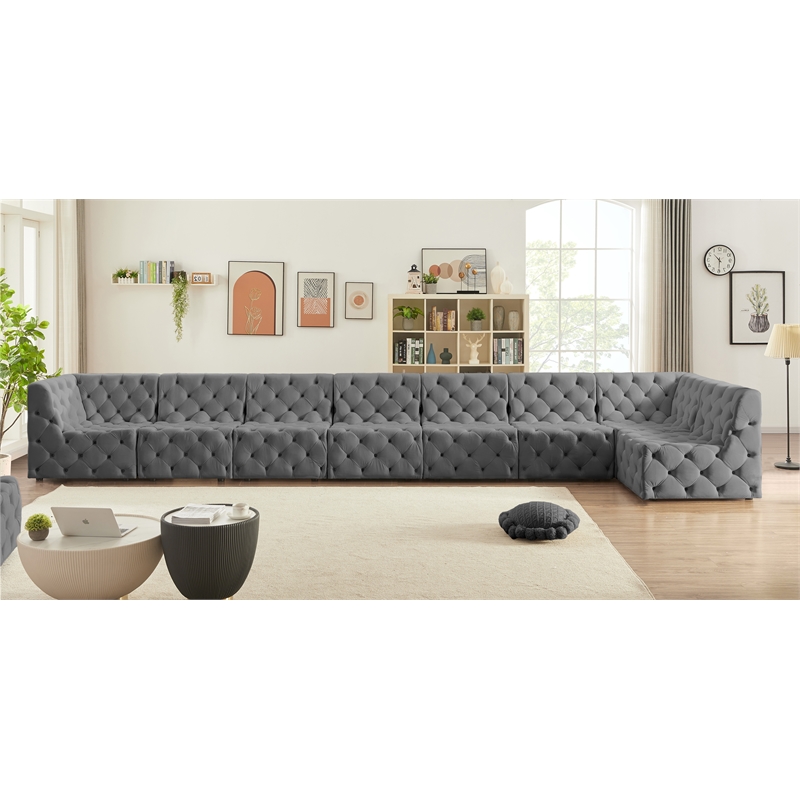Meridian Furniture Tuft Grey Velvet Modular Sectional