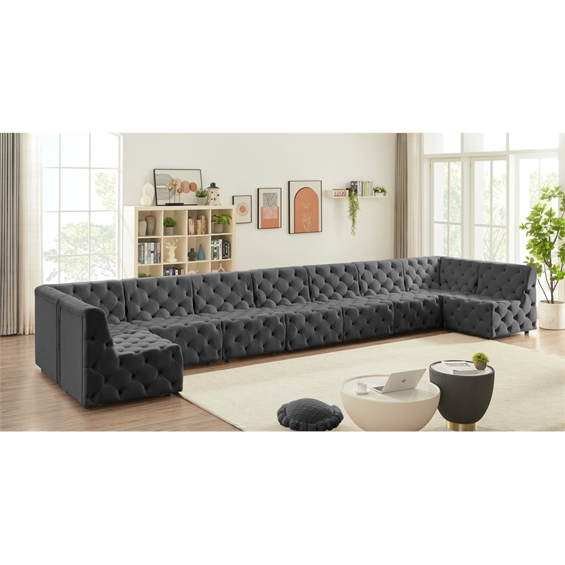 Meridian Furniture Tuft Grey Velvet Modular Sectional