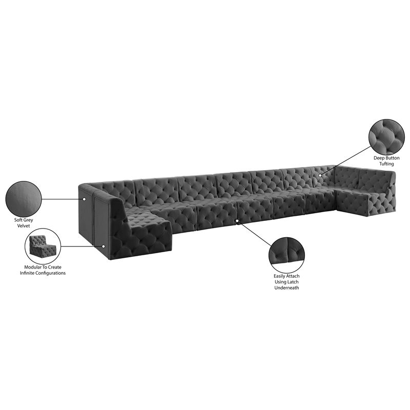Meridian Furniture Tuft Grey Velvet Modular Sectional