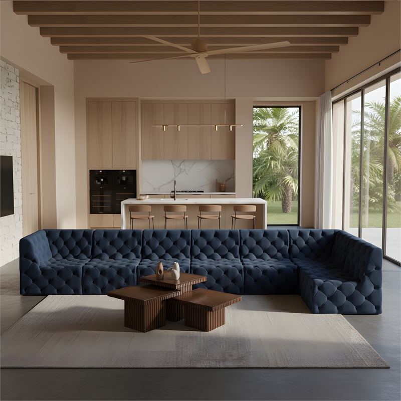 Meridian Furniture Tuft Navy Velvet Modular Sectional