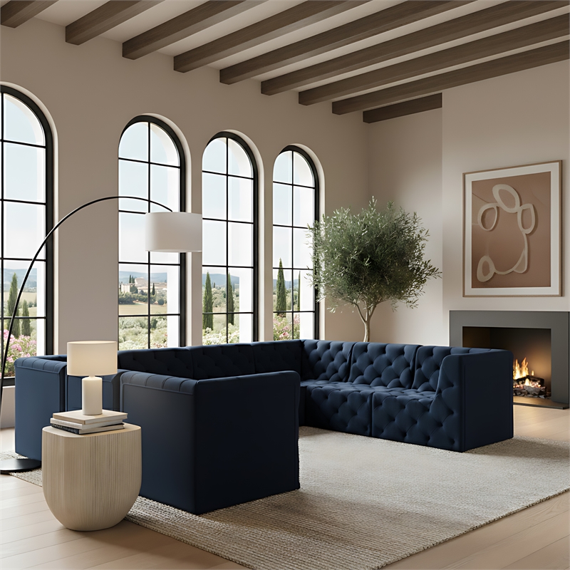 Meridian Furniture Tuft Navy Velvet Modular Sectional