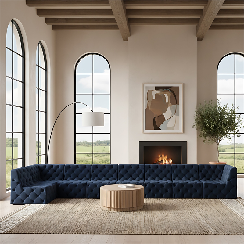 Meridian Furniture Tuft Navy Velvet Modular Sectional