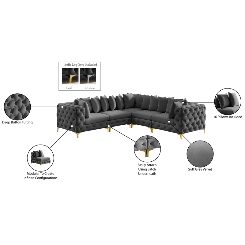 Meridian Furniture Tremblay Grey Velvet Modular Sectional