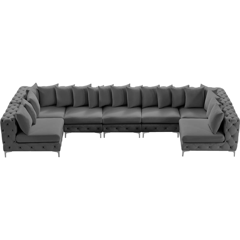Meridian Furniture Tremblay Velvet Modular Sectional/Pillow in Gray/Gold-Chrome