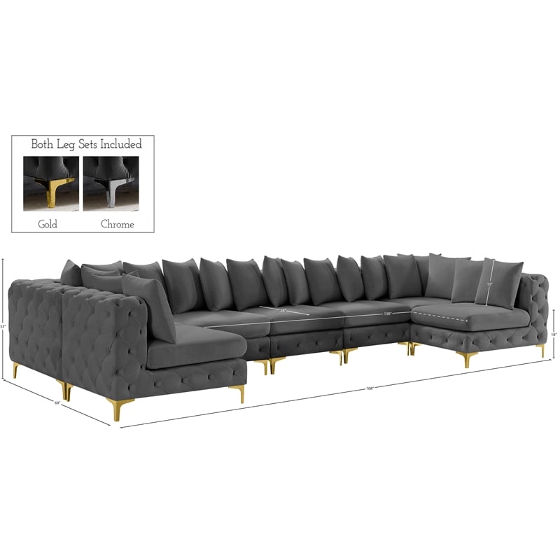 Meridian Furniture Tremblay Velvet Modular Sectional/Pillow in Gray/Gold-Chrome
