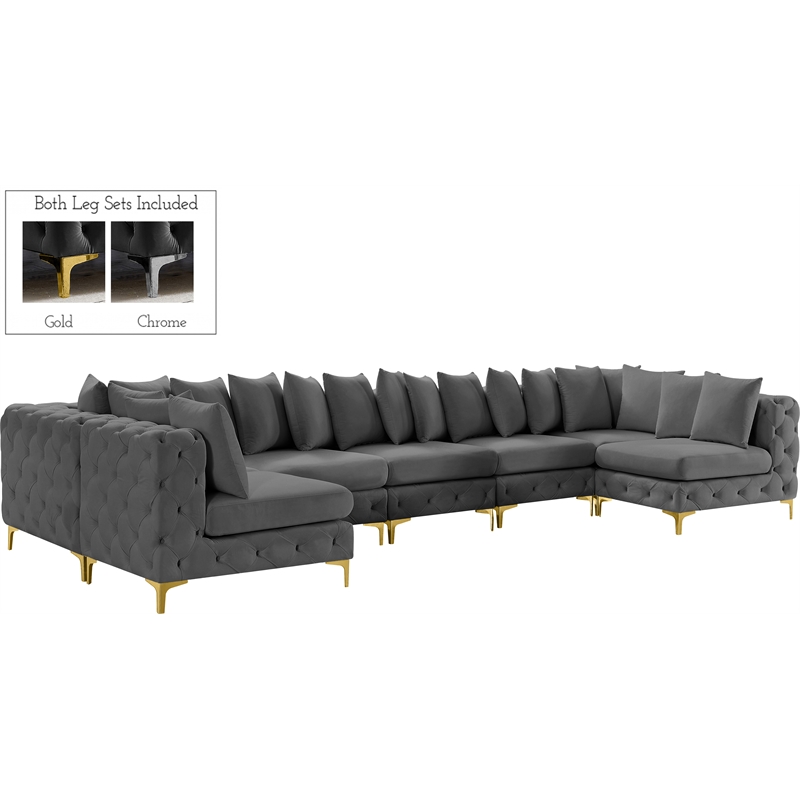 Meridian Furniture Tremblay Velvet Modular Sectional/Pillow in Gray/Gold-Chrome