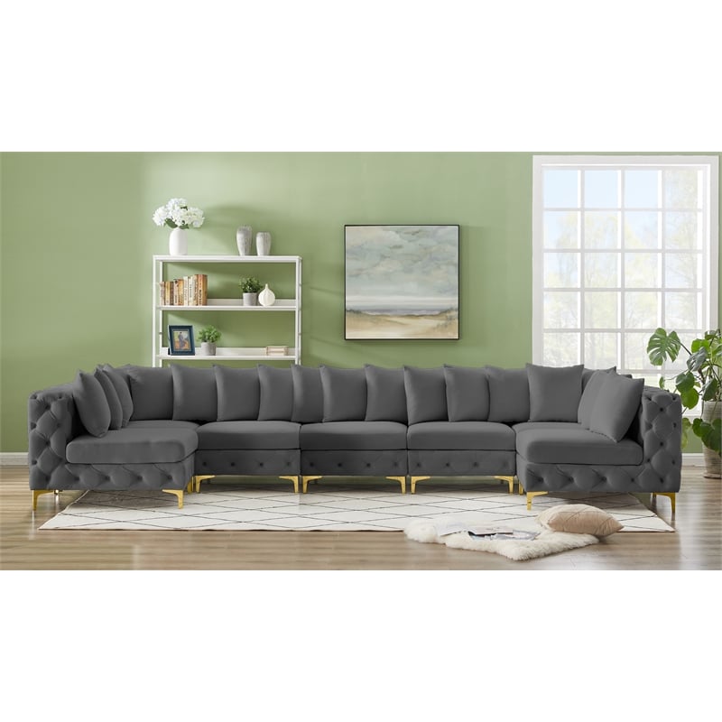 Meridian Furniture Tremblay Velvet Modular Sectional/Pillow in Gray/Gold-Chrome