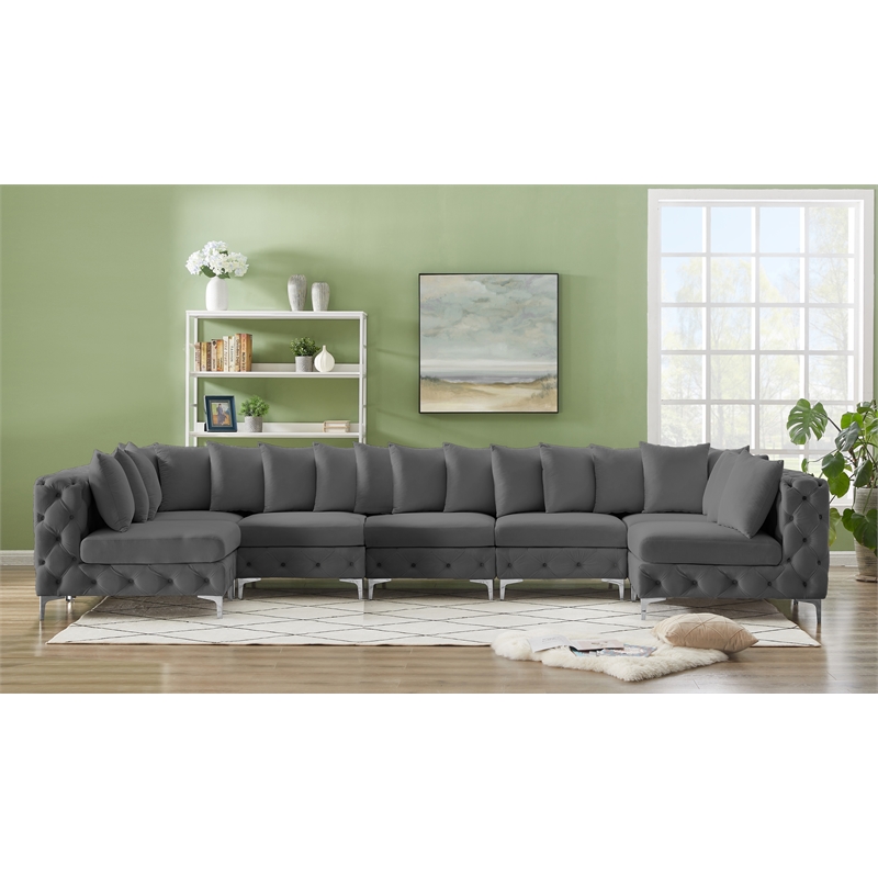 Meridian Furniture Tremblay Velvet Modular Sectional/Pillow in Gray/Gold-Chrome