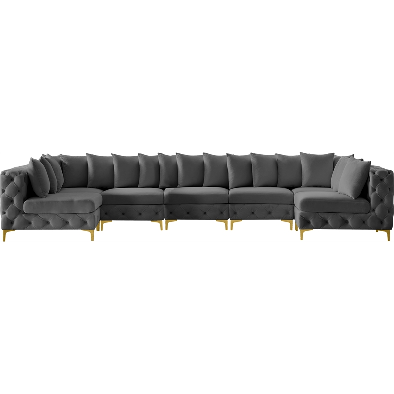 Meridian Furniture Tremblay Velvet Modular Sectional/Pillow in Gray/Gold-Chrome